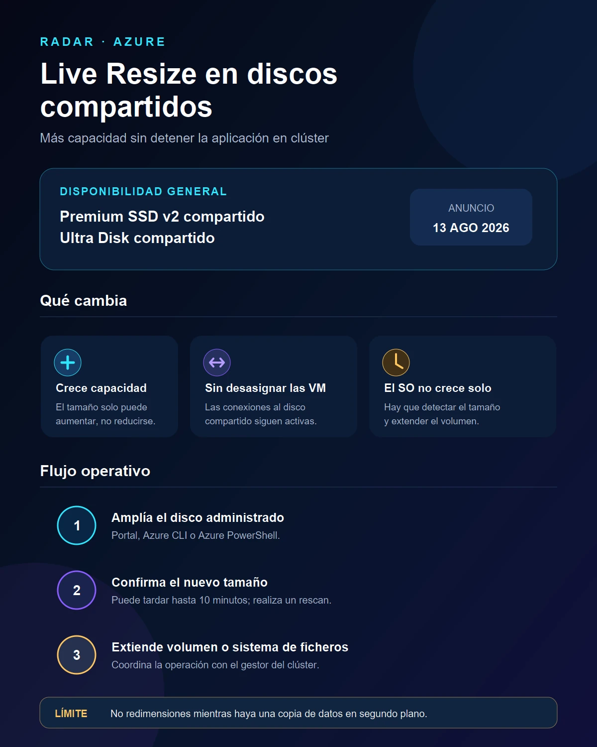 Infografía sobre Live Resize con discos admitidos, cambios, límites y flujo para ampliar almacenamiento compartido