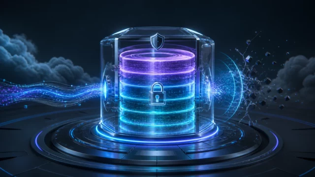 Capas de una base de datos selladas dentro de una bóveda transparente