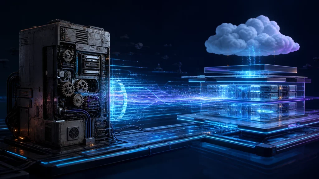 Un servidor Windows antiguo transfiere sus componentes mediante un flujo luminoso hacia una plataforma gestionada y modular en la nube