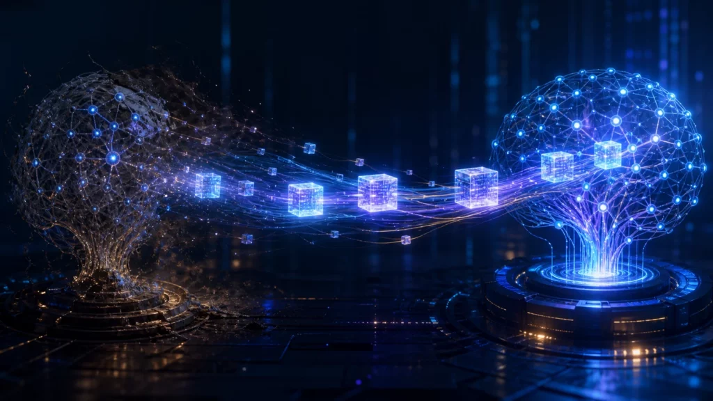 Bloques luminosos de conocimiento trasladándose desde un núcleo de inteligencia que se apaga hacia otro activo