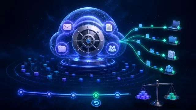 Bóveda orbital protegida con rutas de recuperación hacia documentos, correo, carpetas y espacios de colaboración