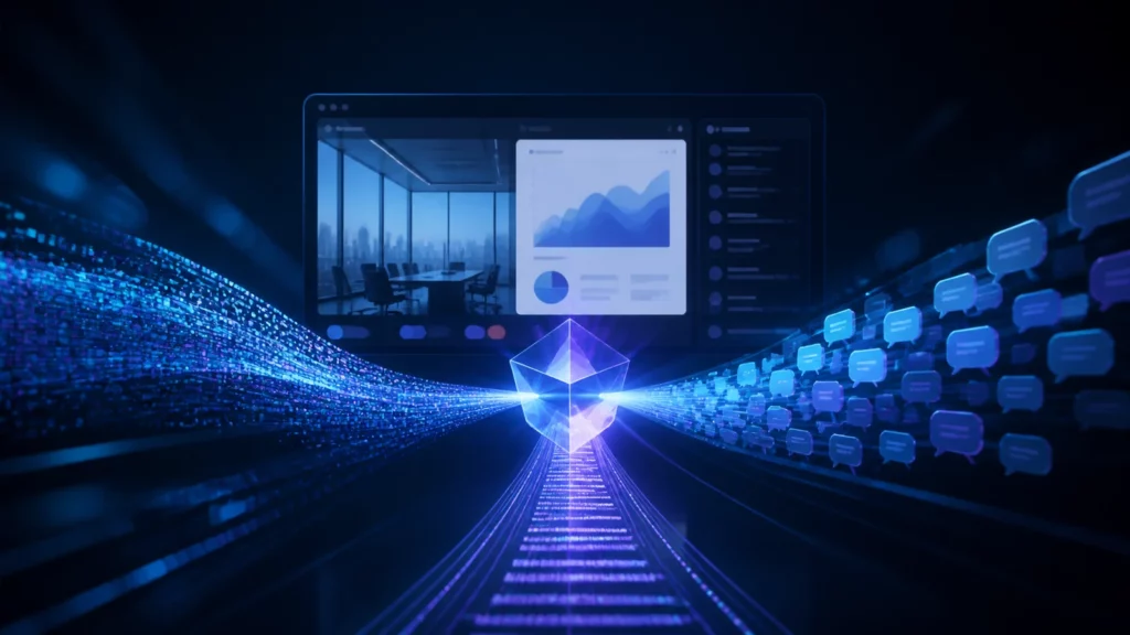 Flujos de pantalla, transcripción y chat convergen en un núcleo de inteligencia durante una reunión digital