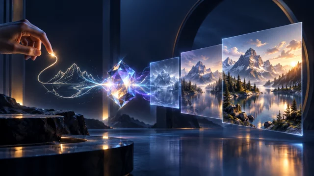 Un gesto luminoso se transforma mediante un núcleo creativo en varias escenas visuales cada vez más refinadas