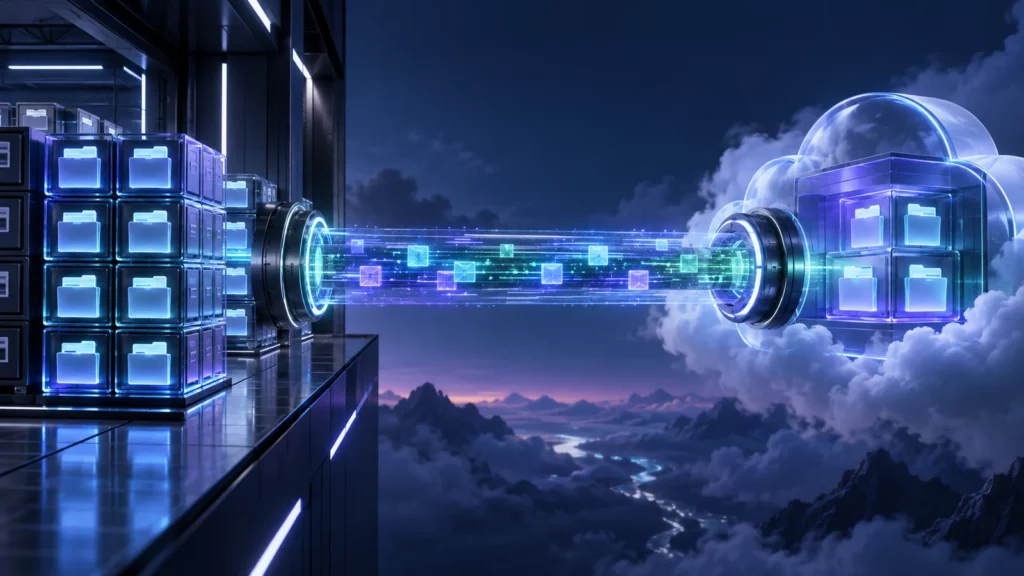 Un archivo local de bloques luminosos transfiere datos directamente a un almacén en la nube por un túnel privado