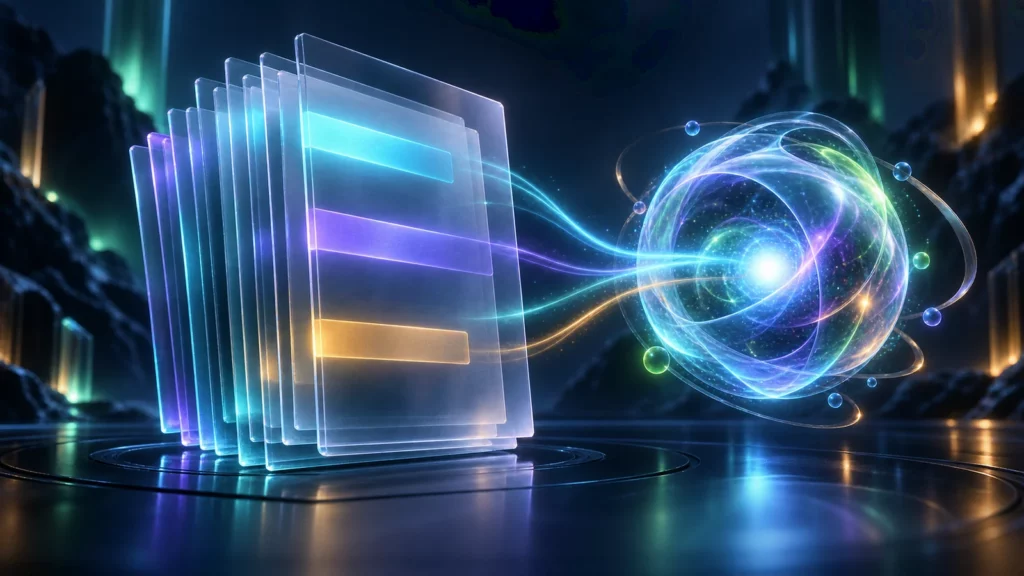 Hojas de documento translúcidas conectadas mediante flujos luminosos a un núcleo abstracto de inteligencia
