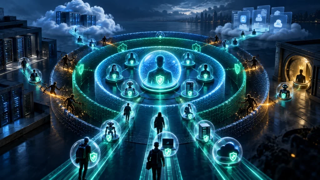 Identidades humanas, aplicaciones, servidores y servicios atraviesan capas progresivas de protección entre entornos locales y cloud