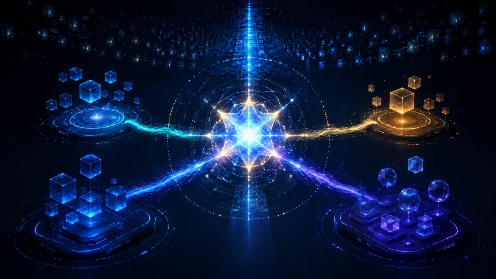 Núcleo de inteligencia luminoso conectado a cuatro flujos de trabajo abstractos y rodeado por anillos de control