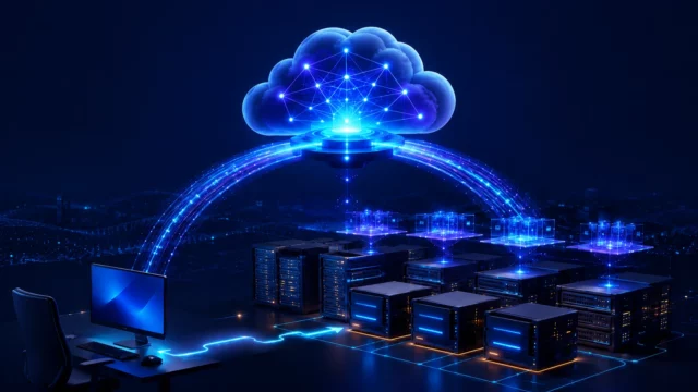 Plano de control en la nube conectado mediante un arco luminoso a hosts de sesión y servidores en un centro de datos local